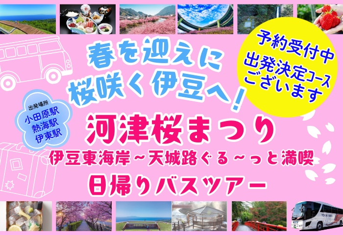 「春を迎えに！桜咲く伊豆へ！！ 　伊豆東海岸～天城路をぐる～っと周遊コース」 ★出発決定コースございます。詳しくは下記、東海バストラベルへ （ＵＲＬ）https://www.tokaibus.jp/travel/tour_kawazu_sakura.html